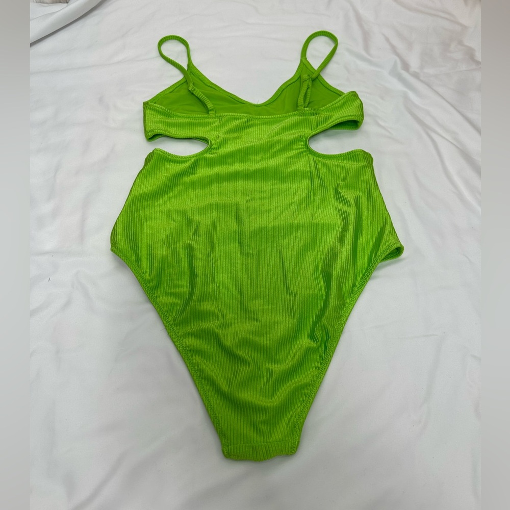 Aerie Lime Green Shine Rib Voop Cheeky‎ One Piece Swimsuit Sz Medium SPF 50 - Picture 4 of 8